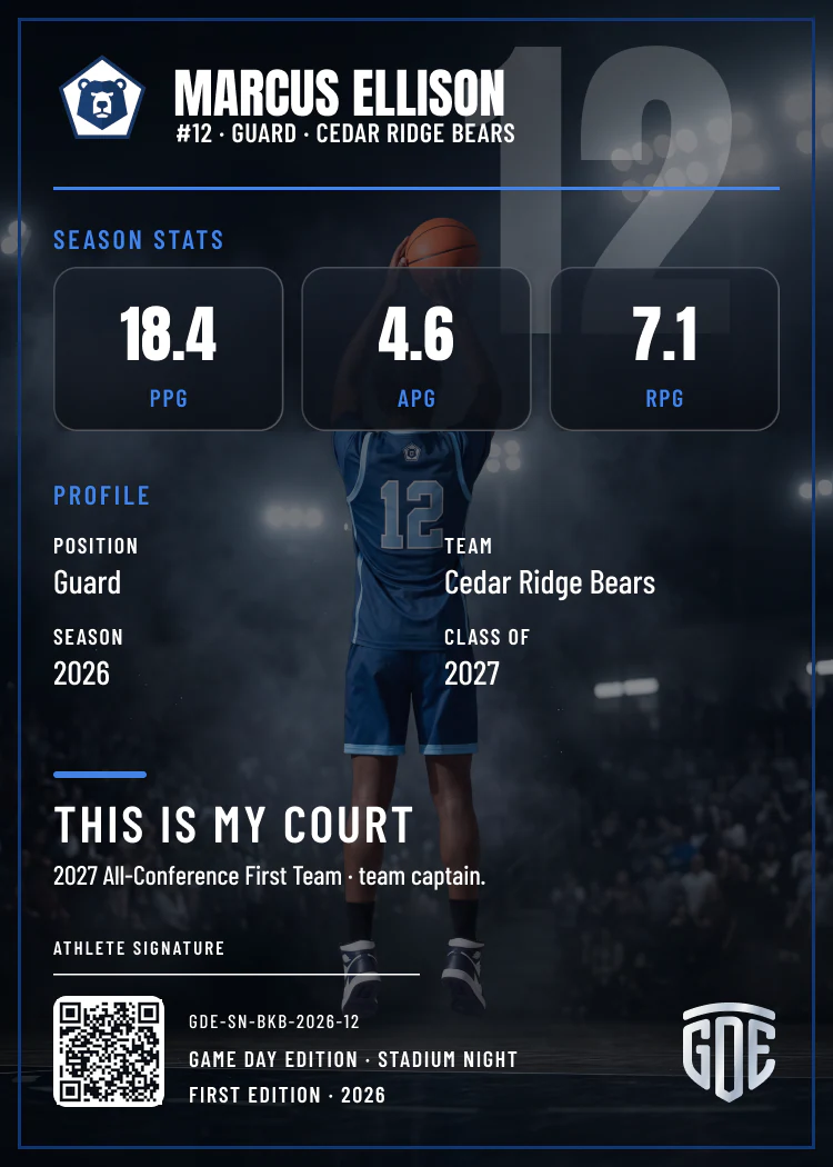 Custom basketball trading card back with season stats, registered card ID and QR code — Stadium Night finish — example artwork, fictional athlete