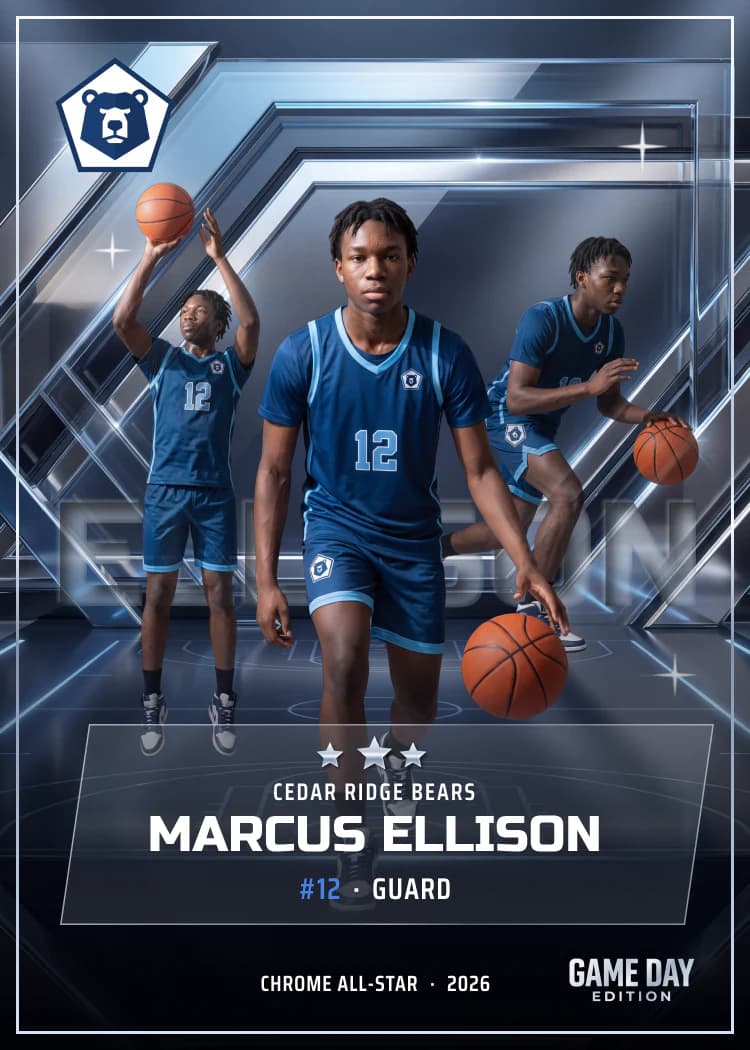 Custom basketball trading card front — Chrome All-Star finish — example artwork, fictional athlete