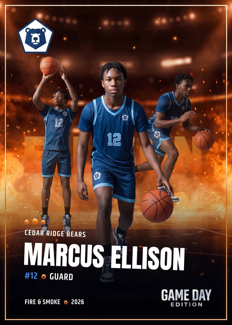 Custom basketball trading card front — Fire & Smoke finish — example artwork, fictional athlete