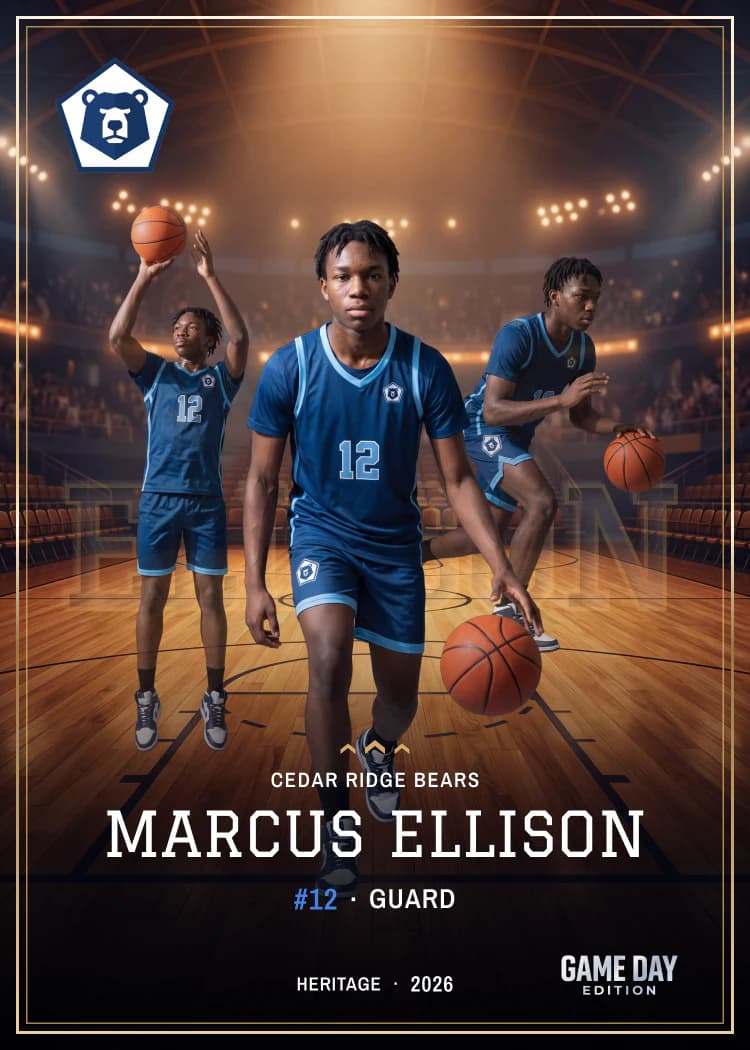 Custom basketball trading card front — Heritage finish — example artwork, fictional athlete