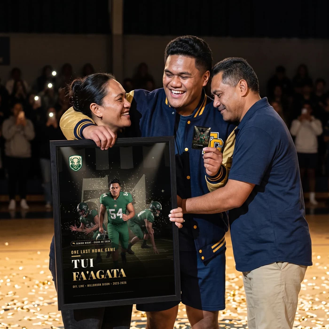 A family on the court holding a framed custom football poster at a senior night ceremony — Senior Night finish — example artwork, fictional athlete; photo generated