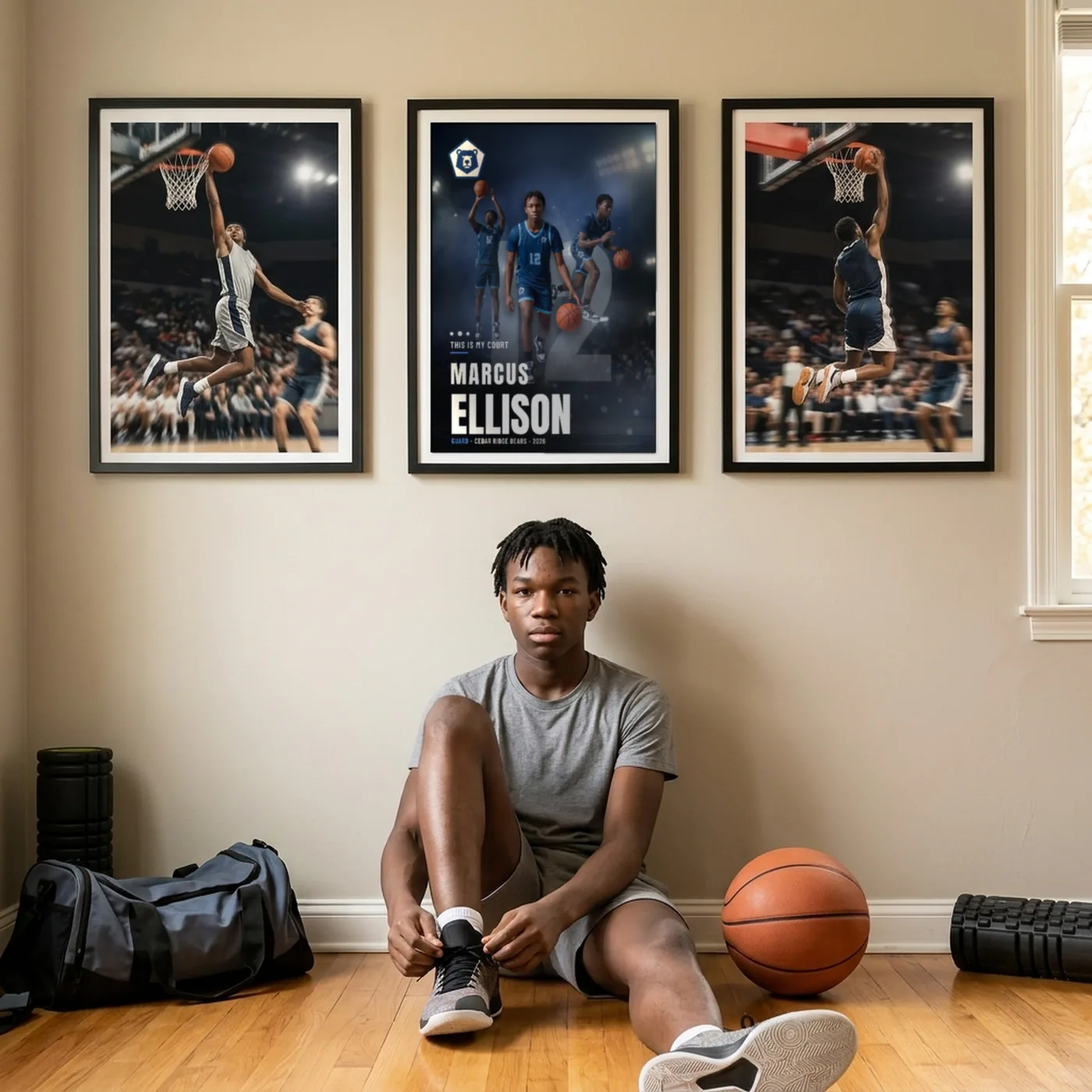 Three framed custom basketball posters on a wall while the athlete ties his shoes below them — example artwork, fictional athlete; photo generated