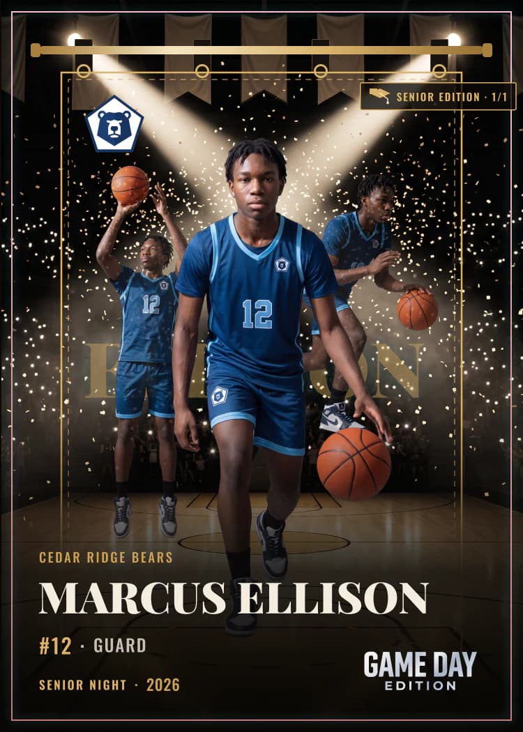 Custom basketball trading card front — Senior Night finish — example artwork, fictional athlete