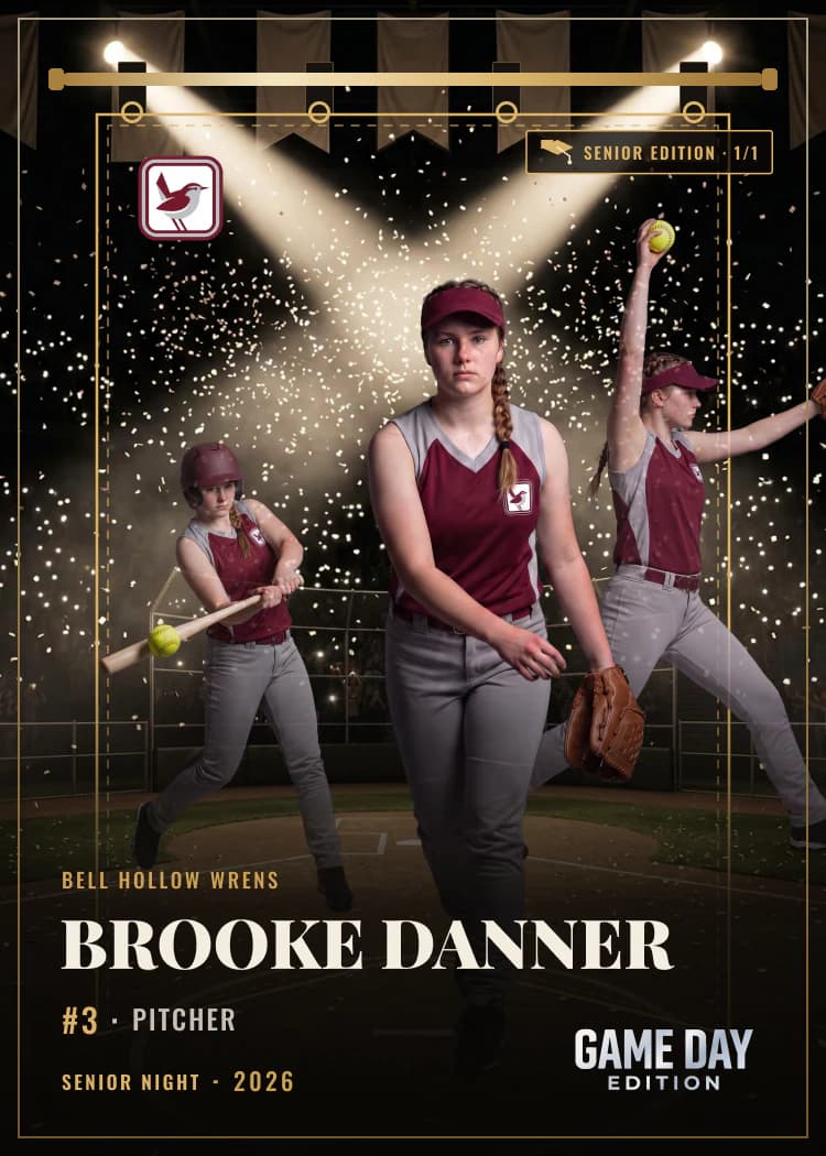Custom softball trading card front — Senior Night finish — example artwork, fictional athlete