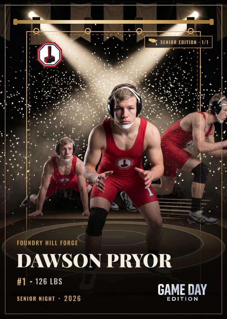 Custom wrestling trading card front — Senior Night finish — example artwork, fictional athlete