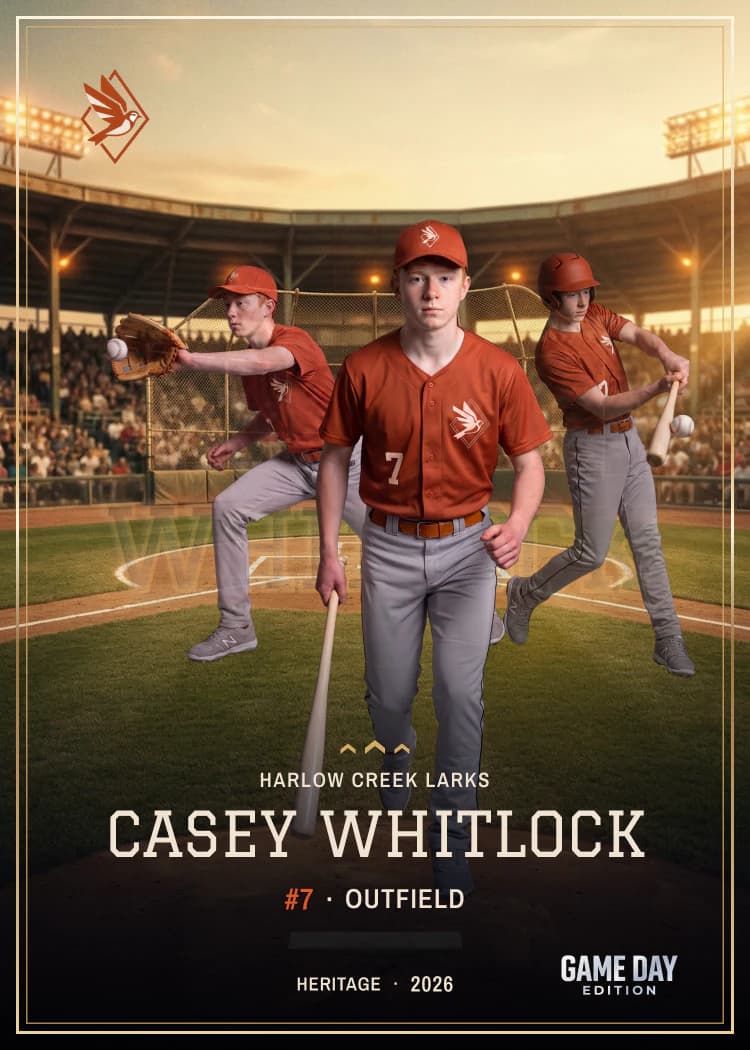 Custom baseball trading card front — Heritage finish — example artwork, fictional athlete