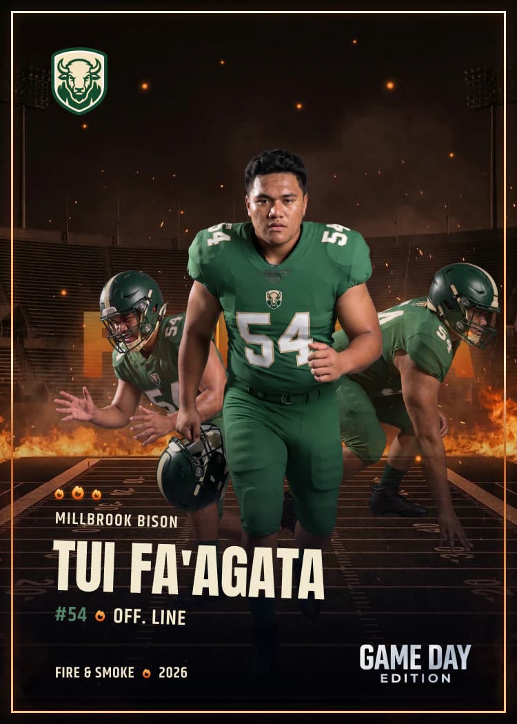 Custom football trading card front — Fire & Smoke finish — example artwork, fictional athlete