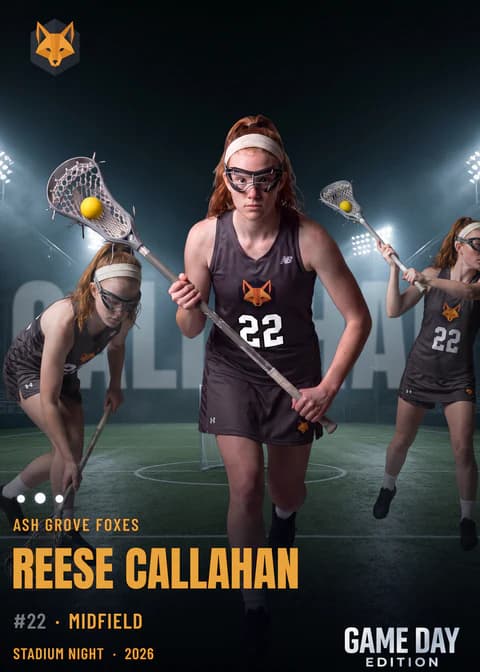 Custom lacrosse trading card front — Stadium Night finish — example artwork, fictional athlete