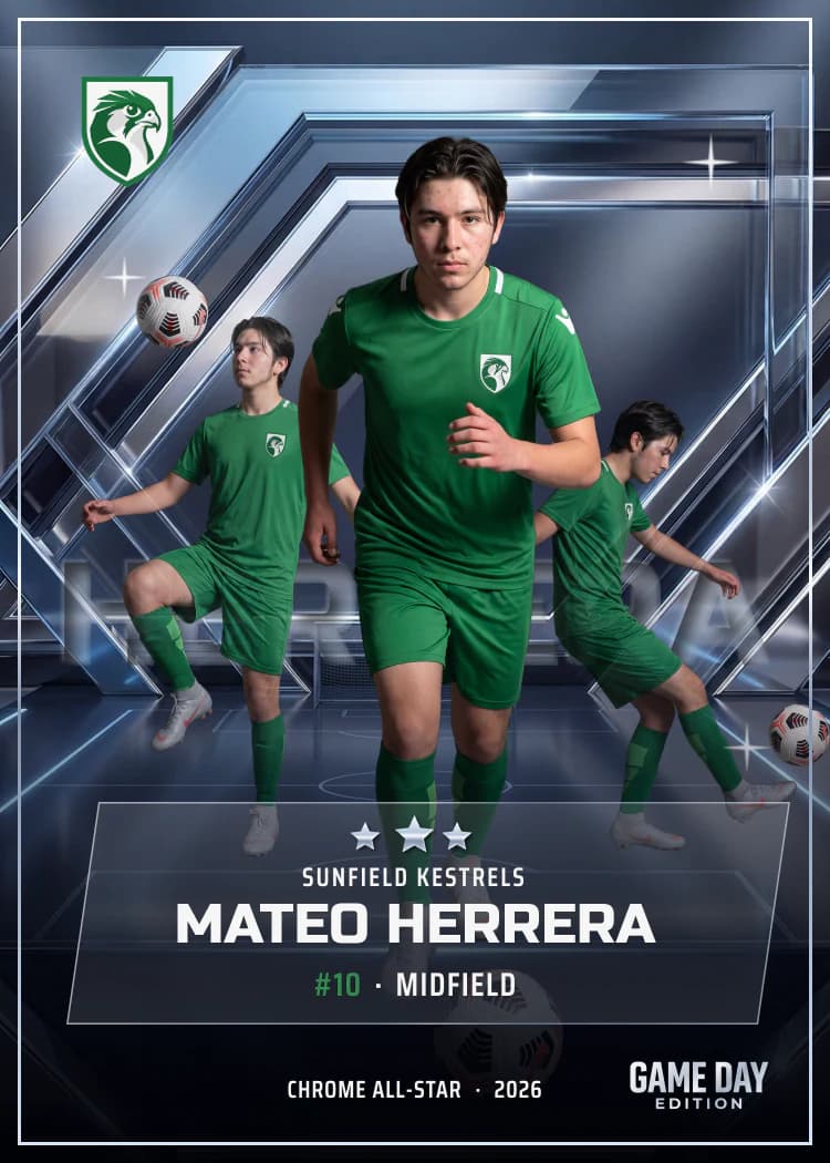 Custom soccer trading card front — Chrome All-Star finish — example artwork, fictional athlete